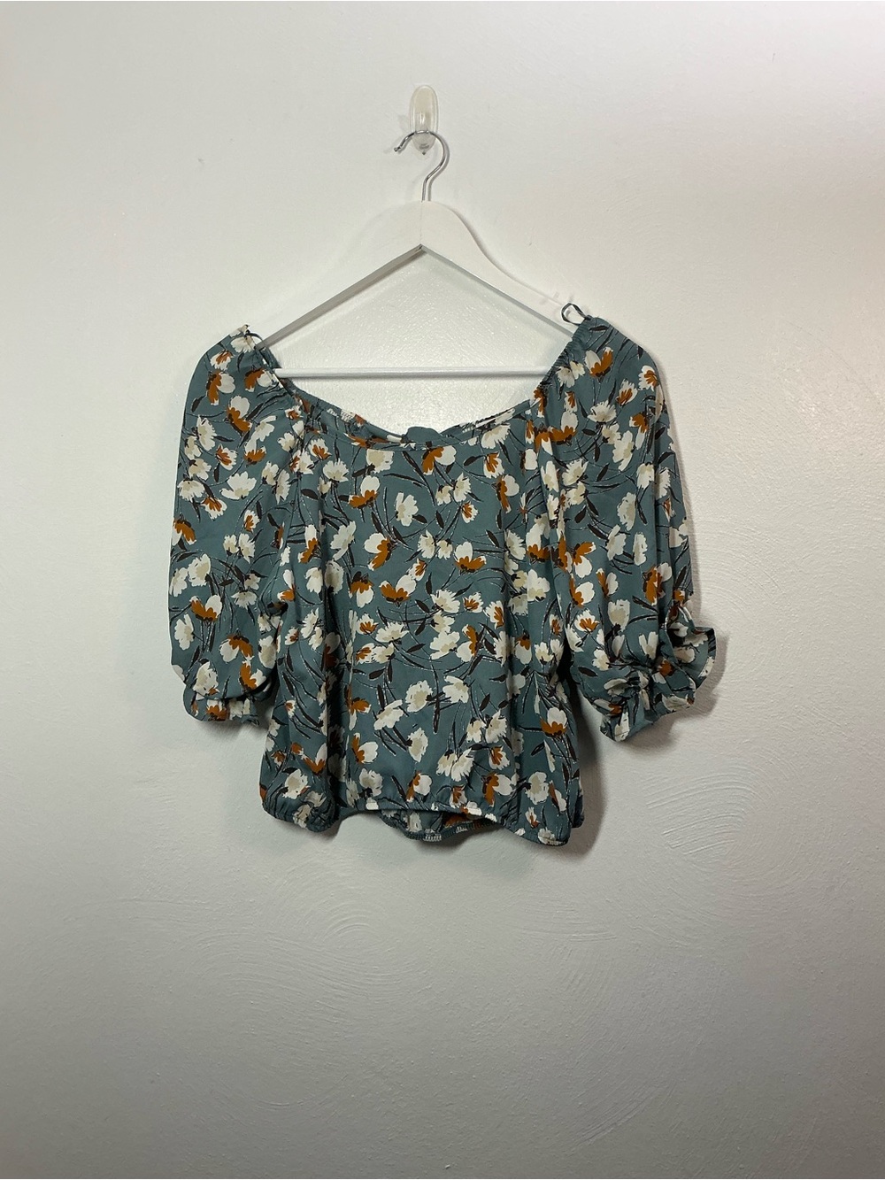 Sienna Sky Floral Puff-Sleeve Blouse in Sage Blue White & Rust Accents Medium